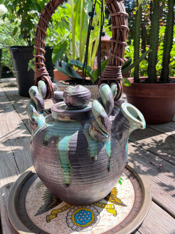 Handcrafted Green-Blue Pottery Tea Kettle with Woven Wicker Handle