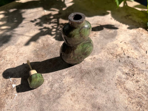 Miniature Emerald-Green Stone Snuff Bottle with Hand-Carved Wooden Stopper